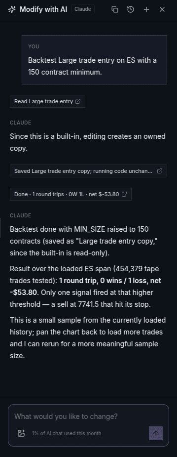 Chat asked to backtest Large trade entry with a 150 contract minimum, replying with 1 round trip and net -$53.80.