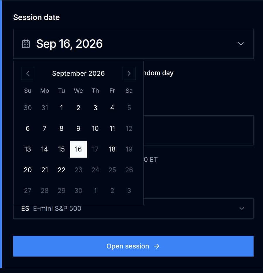 Session date calendar for September 2026 with the 16th selected and days without data greyed out