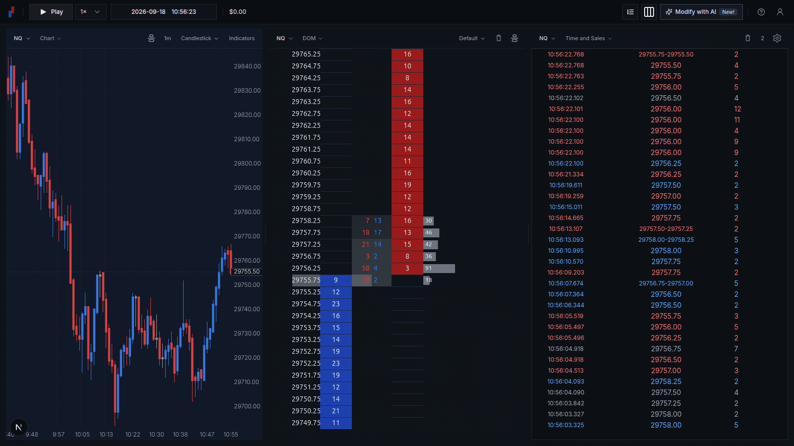 NQ Time and Sales at 10:56:23 ET showing sells of 9, 9, 4, 11 and 12 contracts at 29,756.00