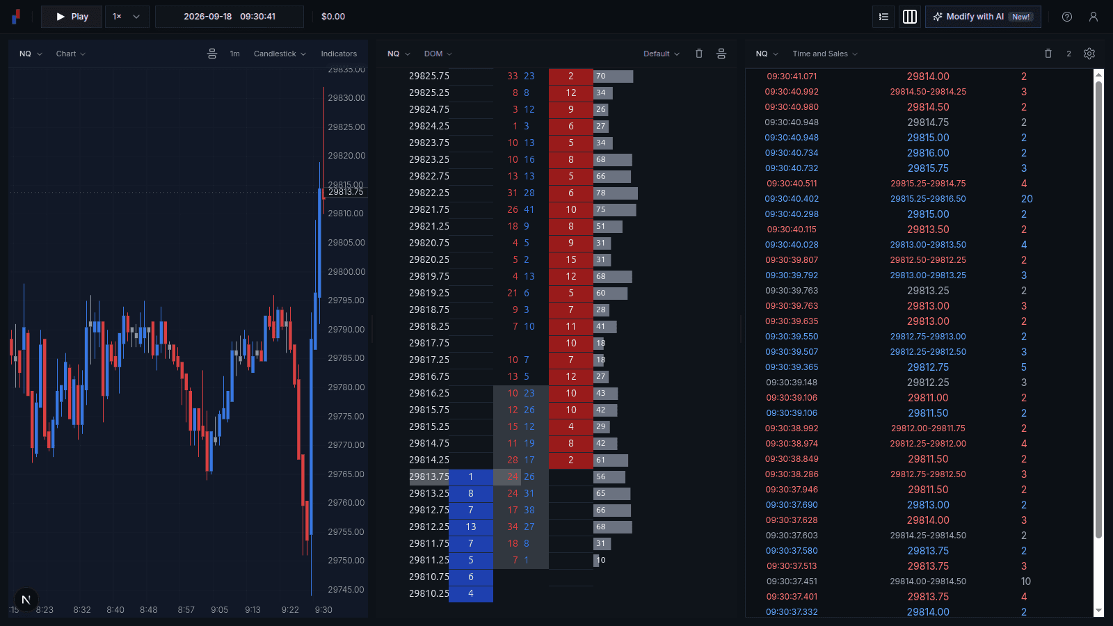 NQ chart, DOM and Time and Sales at 9:30:41 ET, with a 20 contract buy from 29,815.25 to 29,816.50 on the Time and Sales