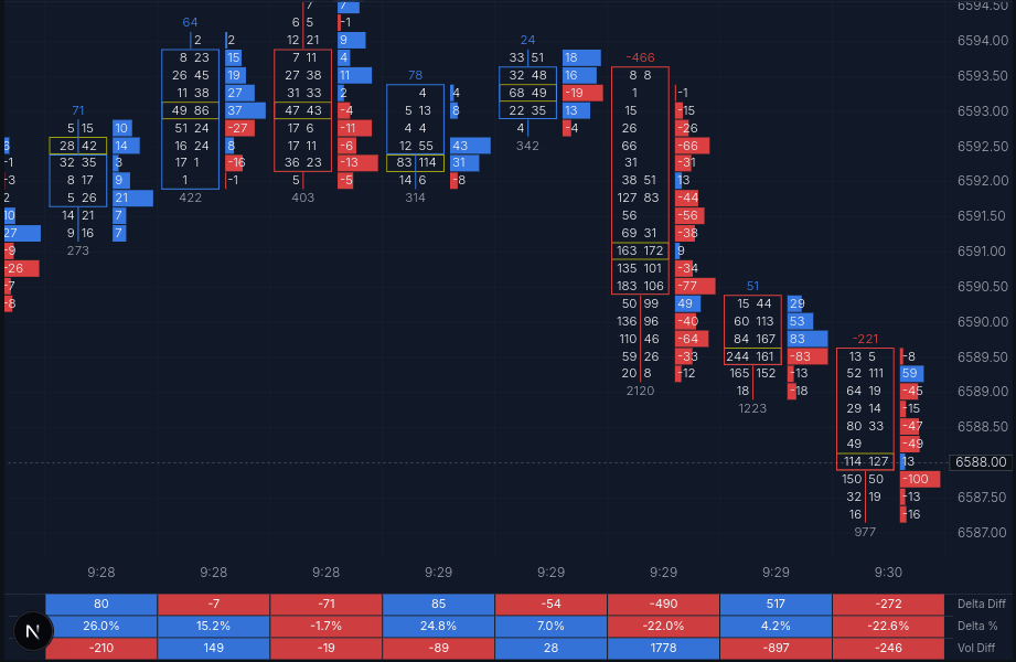 Footprint chart with a delta bar indicator beside each candle and a panel of delta and volume statistics below