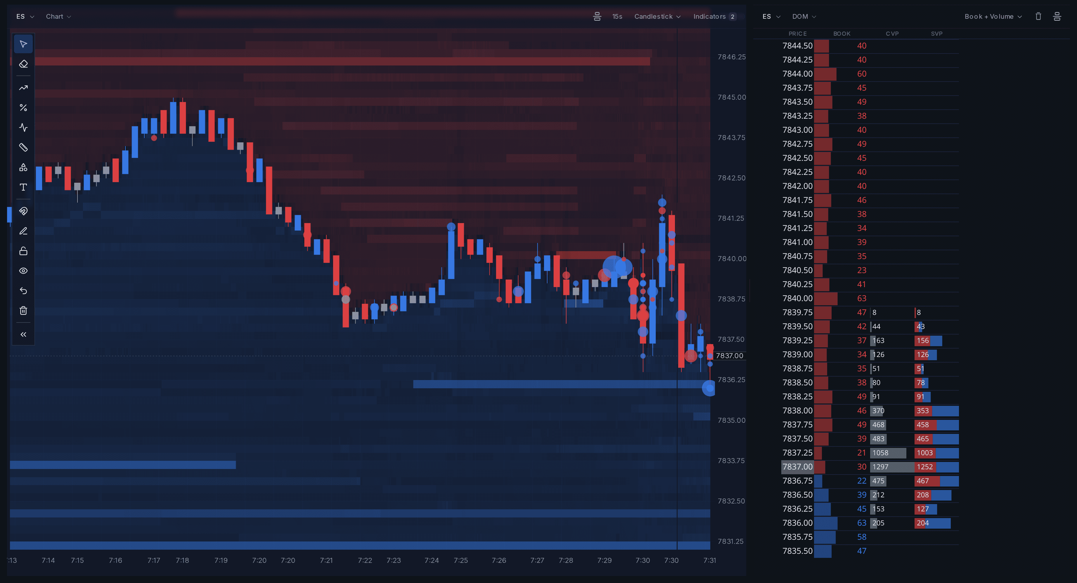 Book Style chart showing a liquidity heatmap, trade bubbles, and a DOM