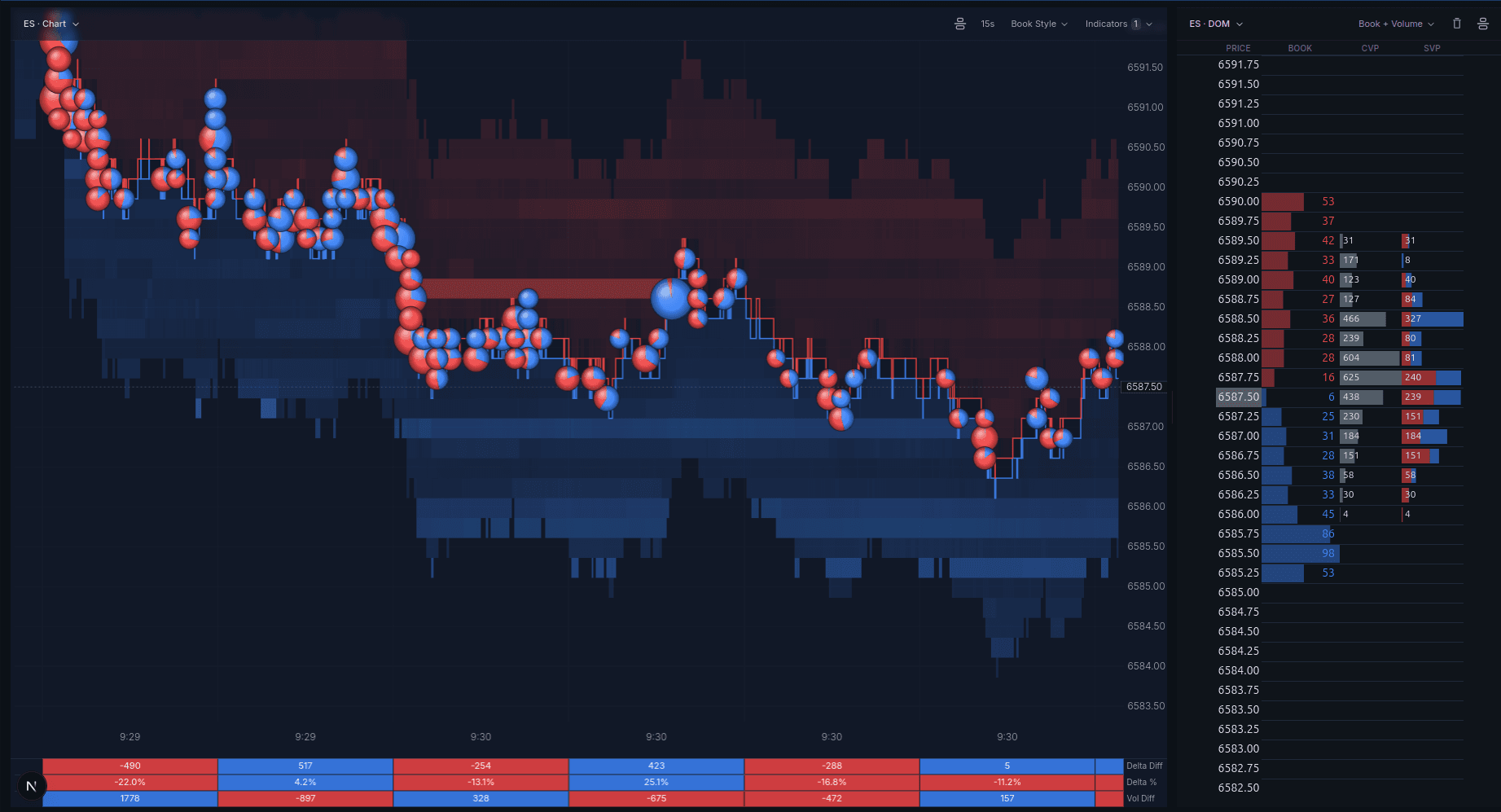 Book Style chart showing a liquidity heatmap, trade bubbles, and a DOM